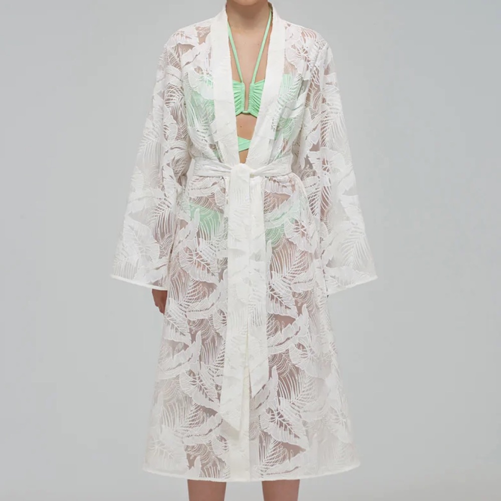 Self Portrait - White Tropical Leaf Embroidered Kaftan / Robe